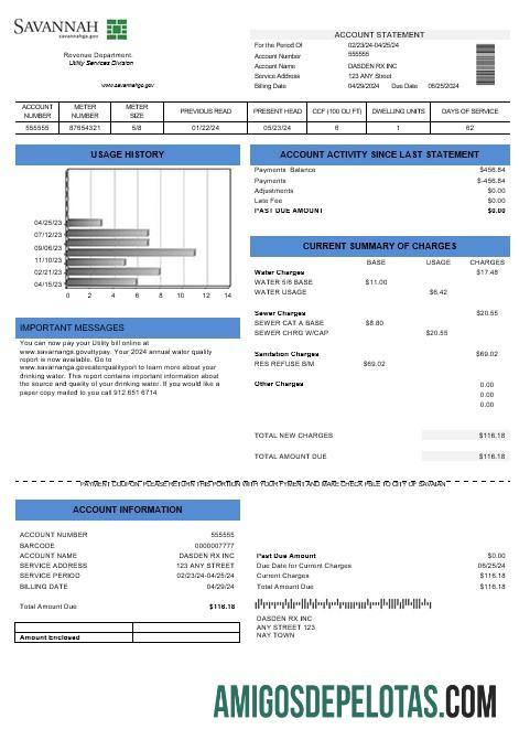 Em branco modelo de conta de serviços públicos dos EUA Georgia Savannah em formatos Word e PDF